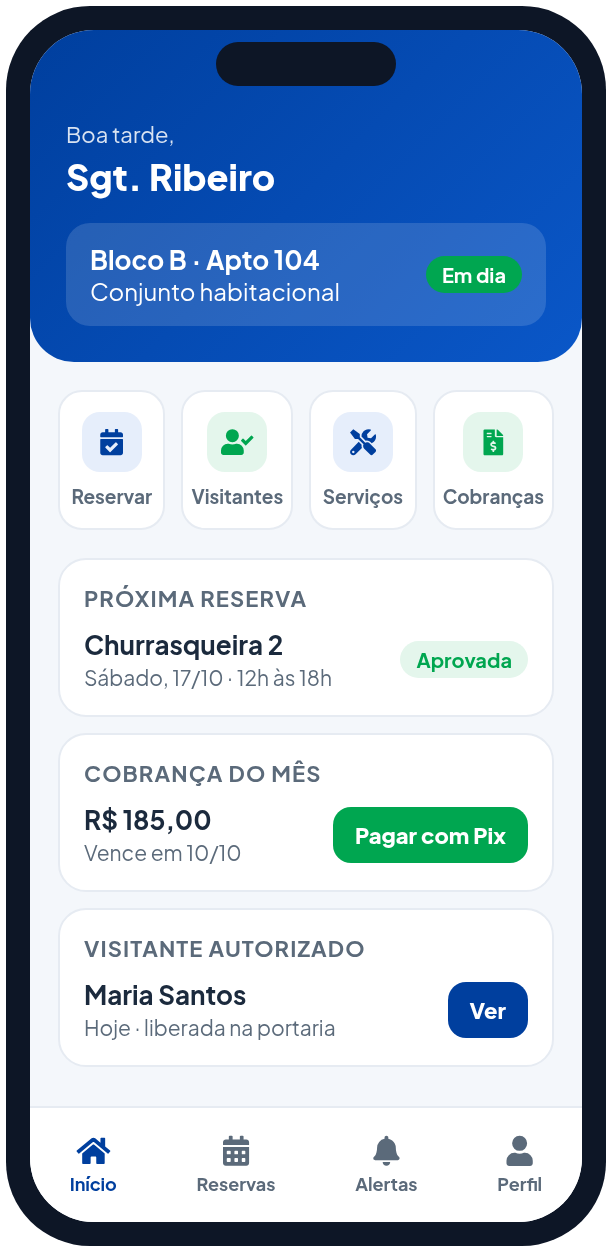 Tela inicial do aplicativo SGCM: reserva aprovada, cobrança do mês e visitante autorizado